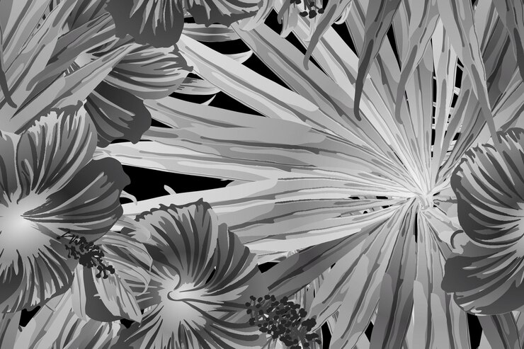 Vector black white exotic pattern. monstera leaves and hibiscus flowers in summer print.  saturated large floral swimwear print. horizontal california natural texture design. hypernatural botanic design.