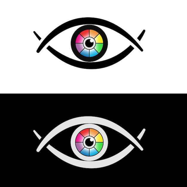 A black and white eye with rainbow color lens