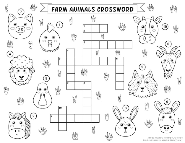 Cruciverba di animali da fattoria in bianco e nero per bambini. gioco educativo e pagina da colorare