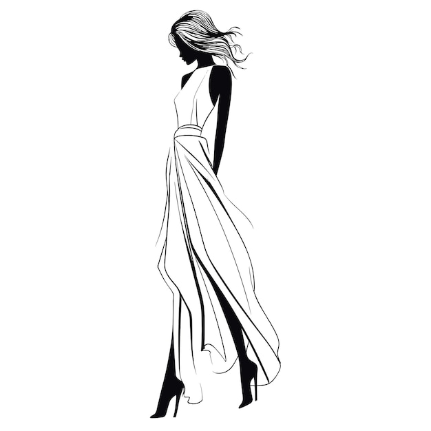 Vector black and white female silhouette woman in long stylish white dress with loose hair high heels