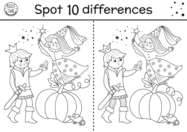 Black and white find differences game for children Fairytale educational activity with cute prince shoe fairy pumpkin Magic kingdom puzzle for kids Fairy tale printable worksheet or coloring pagexA