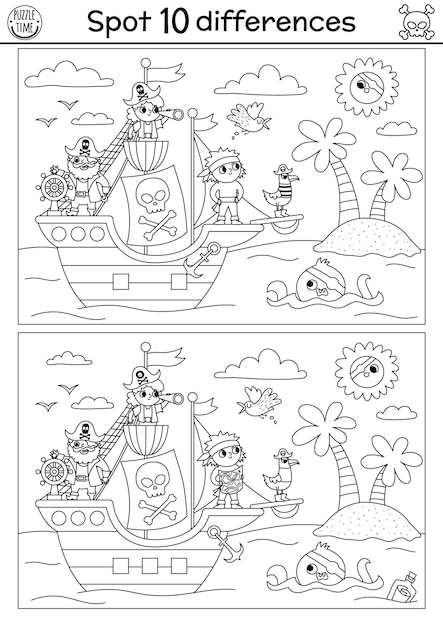 Black and white find differences game for children Sea adventures line educational activity with cute pirate ship pirates octopus Treasure island printable worksheet coloring page for kidsxA