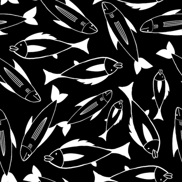 Черно-белый рисовый рисунок с большим количеством рыб