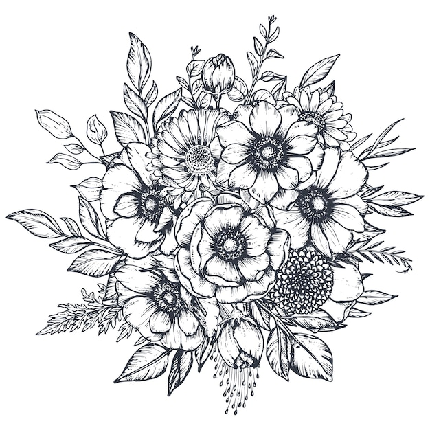  black and white floral composition bouquet of hand drawn anemone flowers buds and leaves