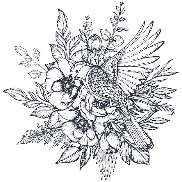 Black and white floral composition of hand drawn anemone flowers buds leaves and ornate bird