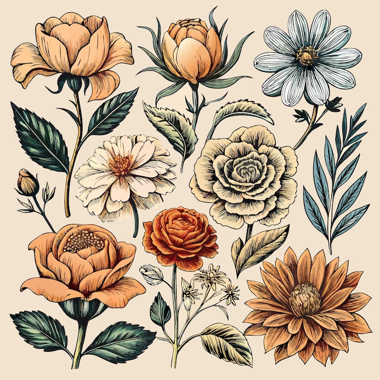 Vector black and white floral design with stylized flowers