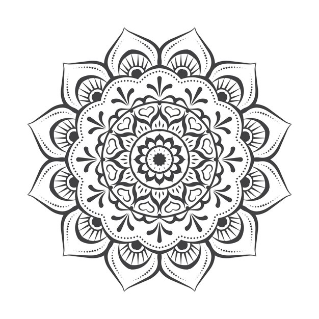 Disegno della mandala degli elementi floreali in bianco e nero nella progettazione grafica dell'illustrazione di vettore vettore premium