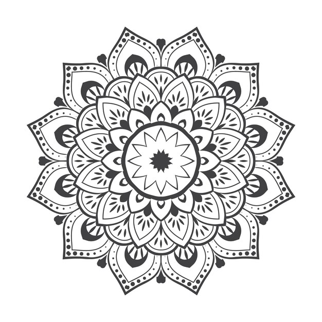 Vettore disegno della mandala degli elementi floreali in bianco e nero nella progettazione grafica dell'illustrazione di vettore vettore premium