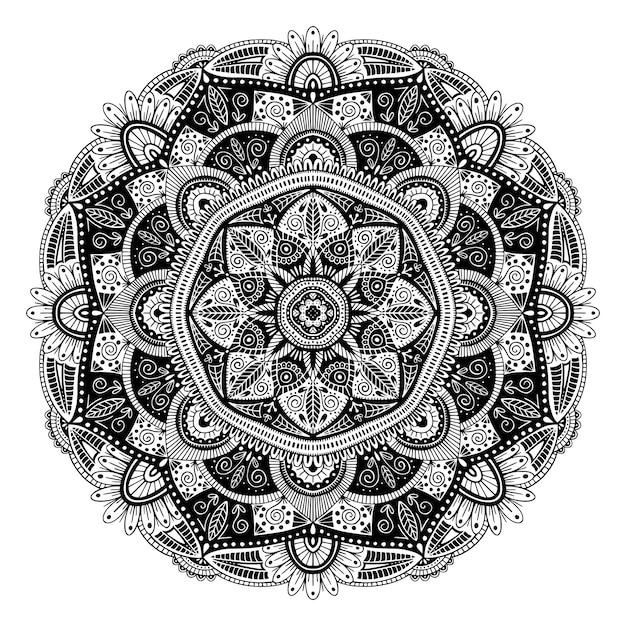 Vector black and white floral ethnic mandala, on white background