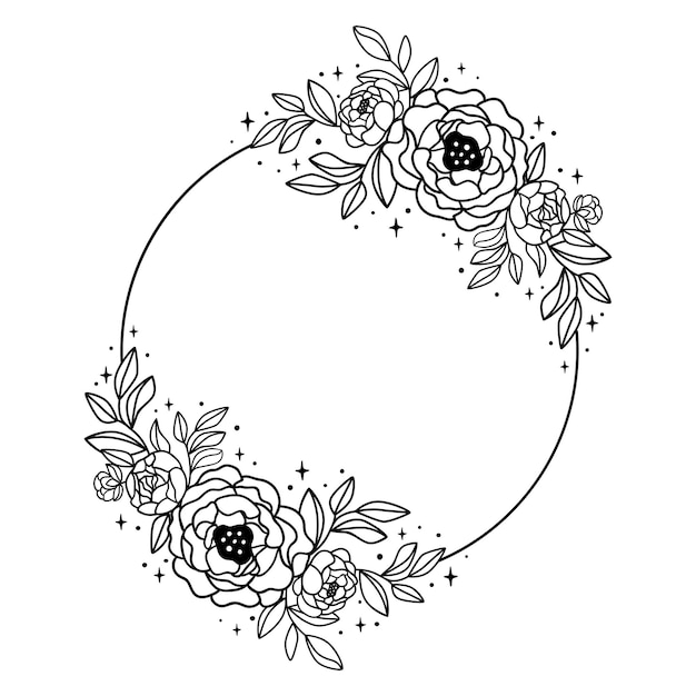 黒と白の花のフレーム 牡丹の葉 ライン アートの花の花輪 手描きの植物のベクトル図