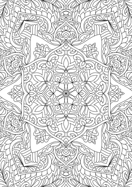 Vettore disegno di mandala dettagliato motivo floreale in bianco e nero pagina da colorare