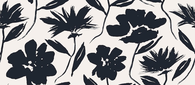 A black and white floral pattern with flowers and leaves