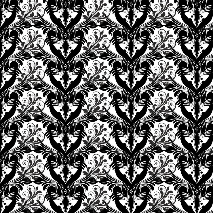 Vector black and white floral pattern with leaves and flowers.