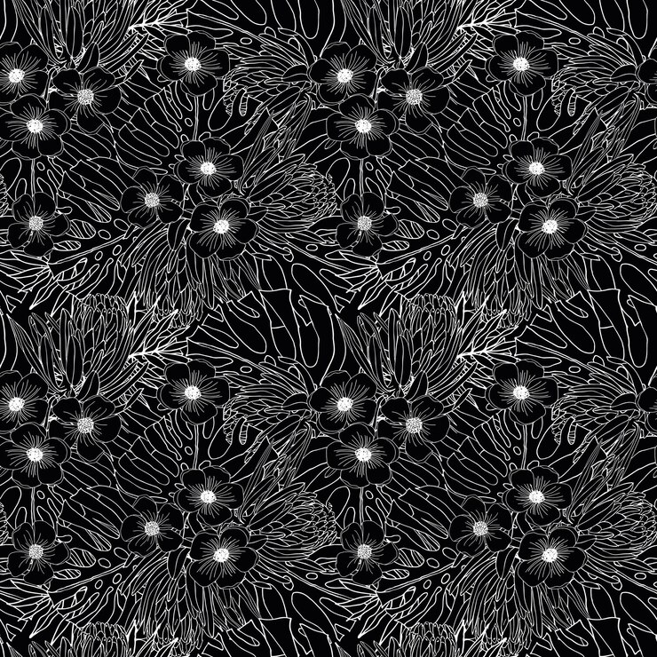 Vector a black and white floral pattern with many small white flowers the flowers are arranged in a way that creates a sense of depth and movement scene is serene and calming