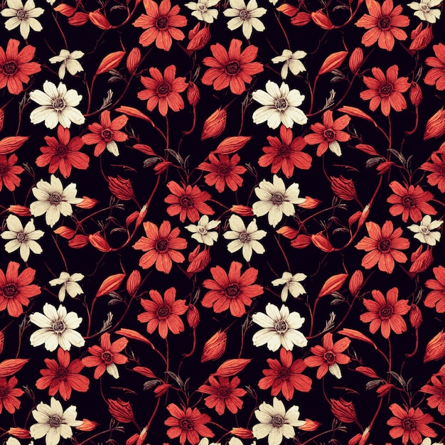 A black and white floral pattern with red and white flowers
