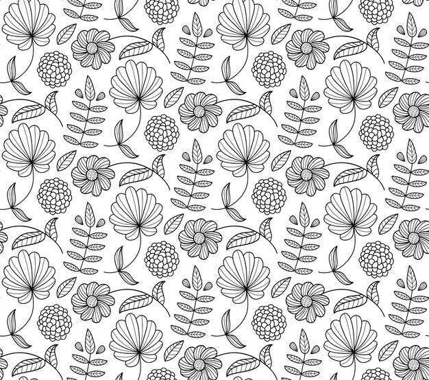 Vector black and white floral seamless pattern with flower, leaf, branch.