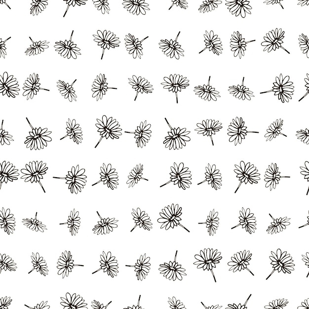 Black and white floral seamless pattern with sketch daisies. Cute background with black grunge