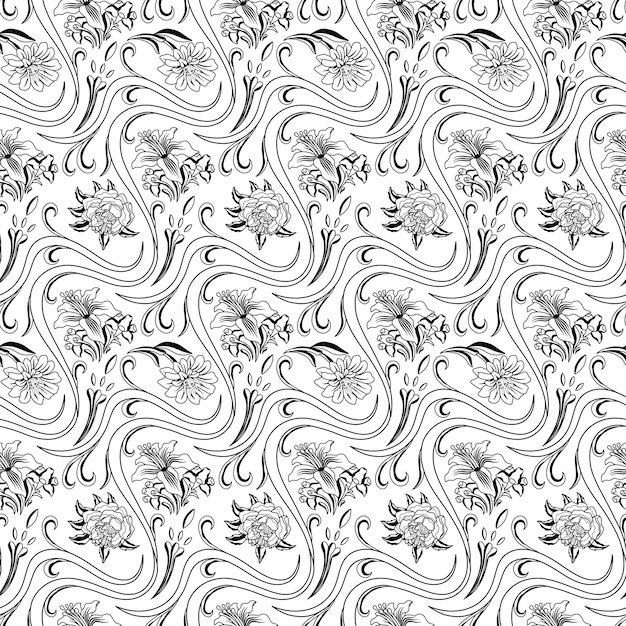 Black and White Floral Vector Seamless Pattern