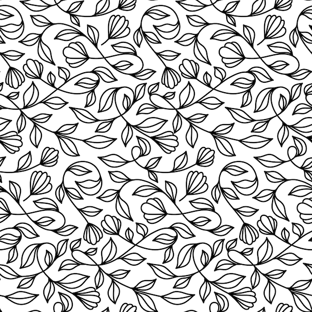 Black and White Floral Vector Seamless Pattern