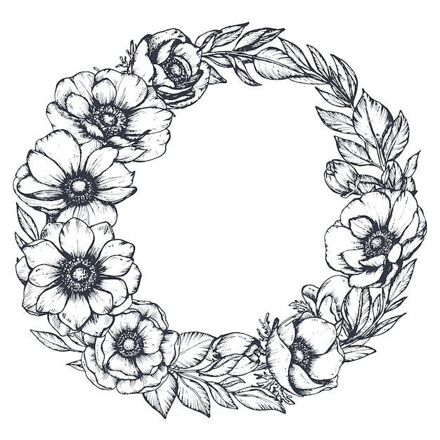 手描きのアネモネの花、つぼみ、葉の黒と白の花の花輪