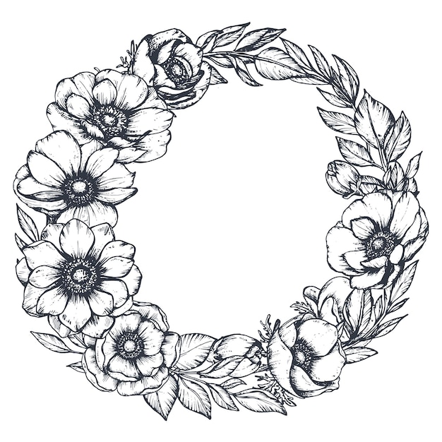 Vector black and white floral wreath of hand drawn anemone flowers, buds and leaves