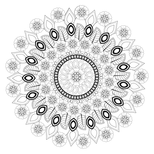 Mandala di fiori in bianco e nero da colorare