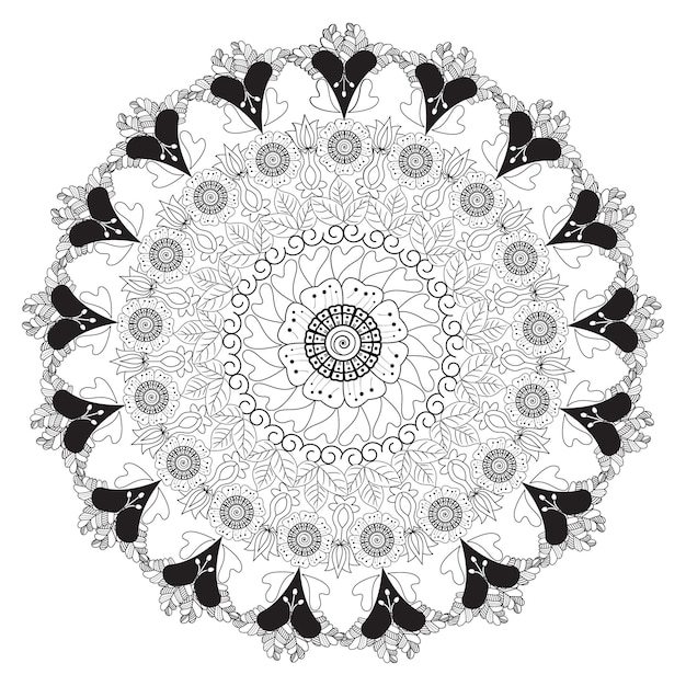 Mandala di fiori in bianco e nero da colorare