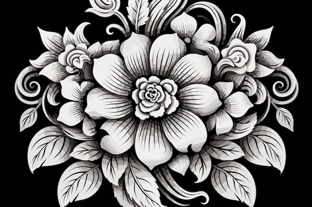 A black and white flower with leaves and vector mandala design