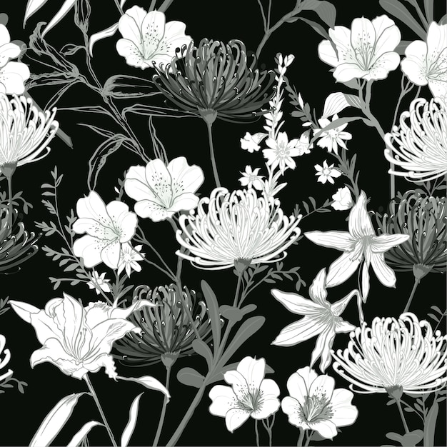  black and white  flowers seamless pattern vector