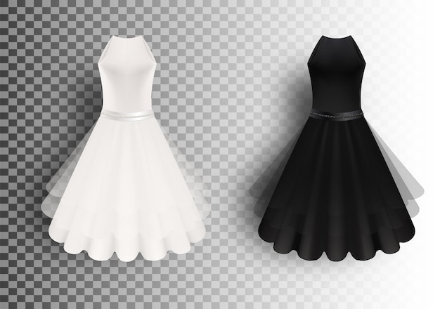 Black and white fluffy dress mockup set vector isolated illustration realistic women little cocktail