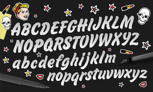 A black and white font with a red lip and a black pen.