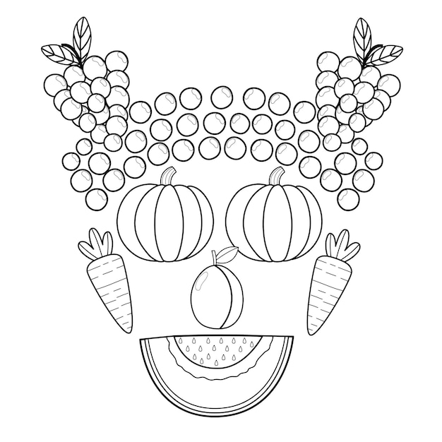 Black and white fruit and vegetable face funny healthy coloring page head with pumpkin