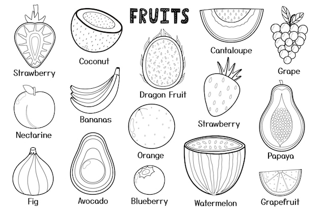 Raccolta di frutti in bianco e nero elementi isolati di cibo sano ottimo per le ricette da colorare