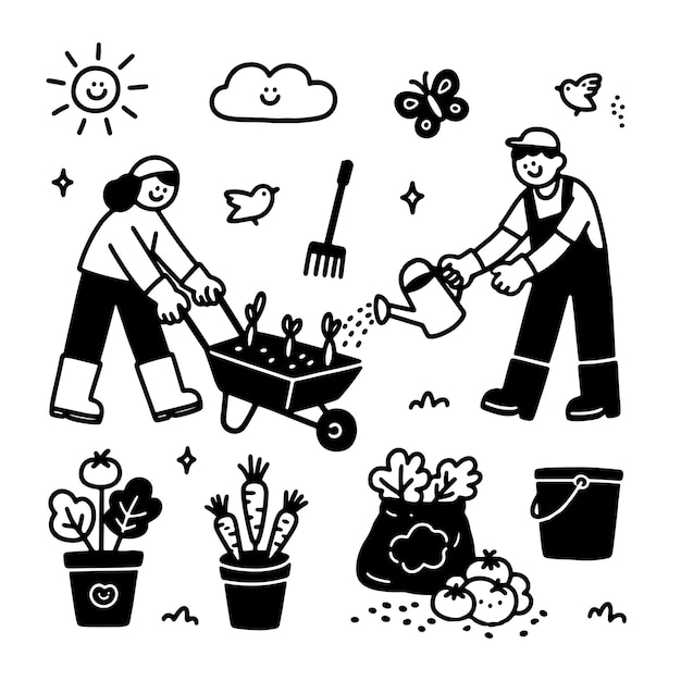 black and white gardening illustration cute vector art