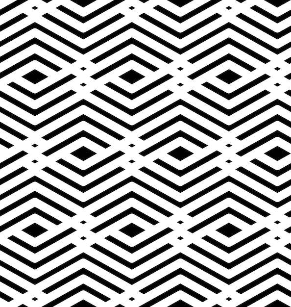 Black and white geometric art seamless pattern, vector mosaic monochrome interweave background. Symmetric illusive artificial backdrop with rhombs.