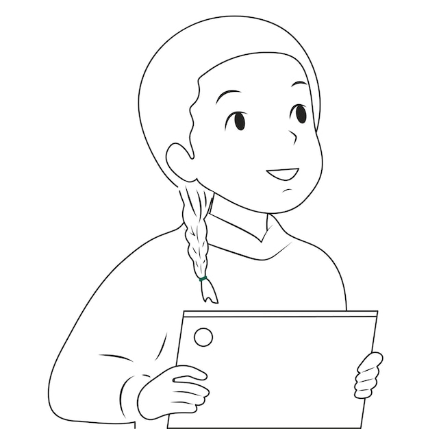 Black and white girl schoolgirl is engaged on the tablet Vector flat illustration