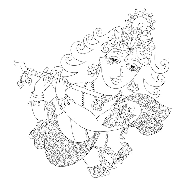 Vector black and white god lord krishna for janmashtami festival line art vector illustration