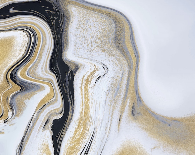 Black, white and golden glitter liquid marble texture. ink painting abstract.