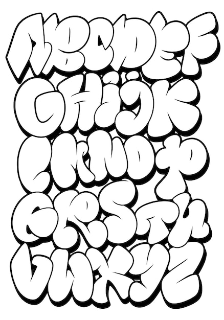 Vector black and white graffiti lettering font shaped alphabet set