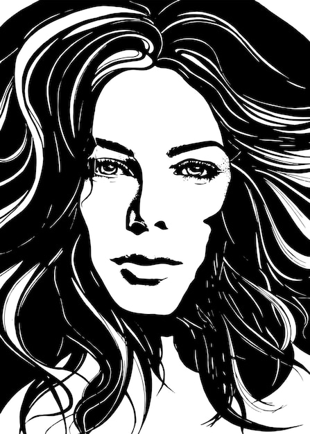 Black and white graphic girl with piercing eyes and wavy hair Vector graphics