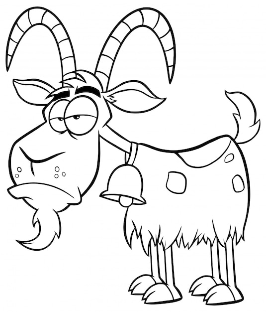 Black And White Grumpy Goat Cartoon Mascot Character. Illustration Isolated On White