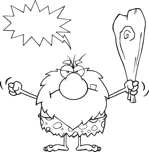 Vector black and white grumpy male caveman cartoon mascot character holding up a fist and a club