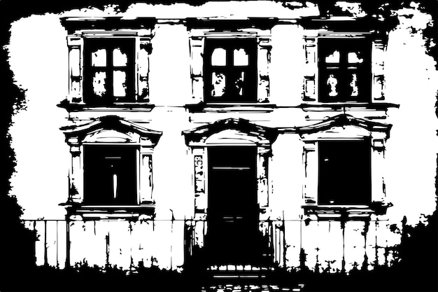 Vector black and white grungy texture of old vintage house