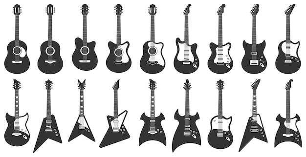 Черно-белые гитары. Акустические струнные музыкальные инструменты, силуэт электрогитары и трафаретные гитары