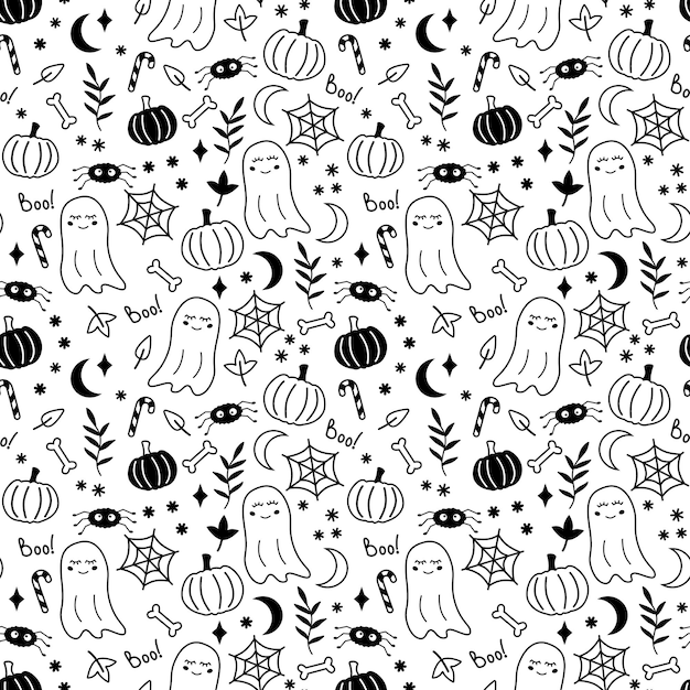 Black and white halloween seamless pattern Doodle ghost spiders and pumpkins on white background