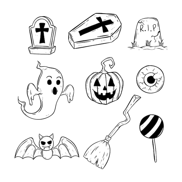 Vector black and white halloween set icons