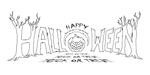 Black and white Halloween typography line art with Pumpkin Vector Illustration