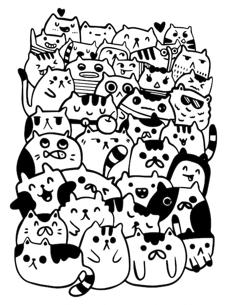 Black and white hand draw vector, cats characters style doodles illustration coloring for children.