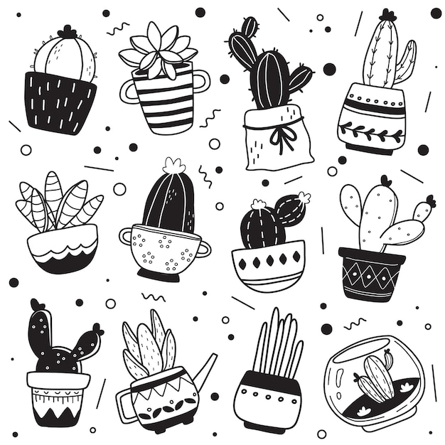 Black and white hand drawn cactus pattern