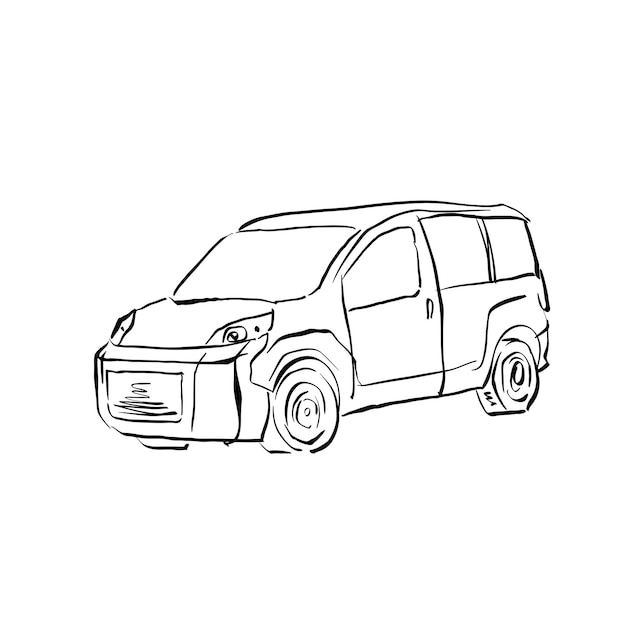 Black and white hand drawn car on white background, illustrated station wagon.